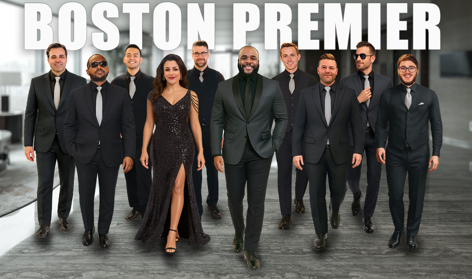 Boston Premier Band walking down a Boston hotel Lobby